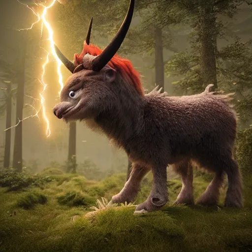 Prompt: ultrarealistic creature fluffy animal with horns and short legs and arms and red eyes, forest scene, octane render, highly detailed, cinematic lightning, epic fantasy style art