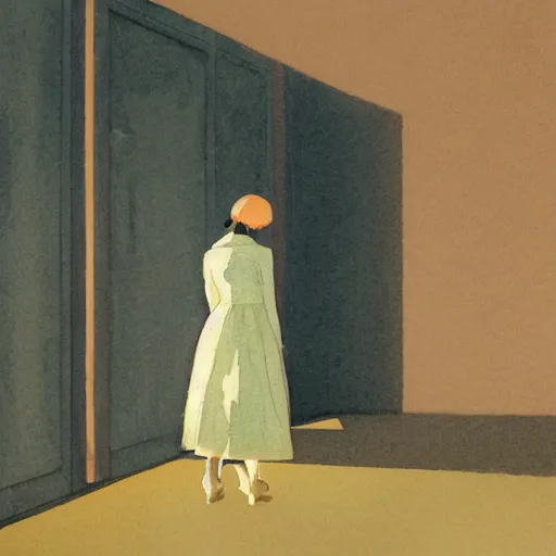 Prompt: close up of a girl in a soviet liminal abandoned building, watercolor by victo ngai, by hammershøi, art noveau, highly detailed, lights by edward hopper, liminal, eerie, bright pastel colors