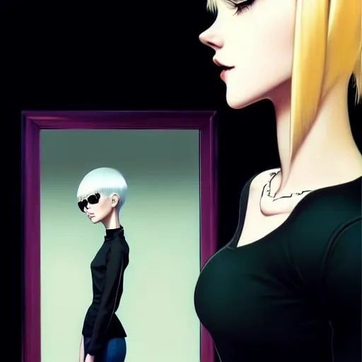 Image similar to a beautiful slim shy blonde goth girl ignores you, art by ilya kuvshinov and lois van baarle and ross tran and range murata and artgerm and andy warhol, norman rockwell, digital art, highly detailed, profile picture, intricate, sharp focus, mystical trending on artstation hq, deviantart, pinterest, unreal engine 5, 4 k uhd image