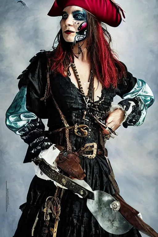 Prompt: a swashbuckling woman pirate portrait in national geographic, her clothing is sheer and futuristic, painted with iridescent face paint