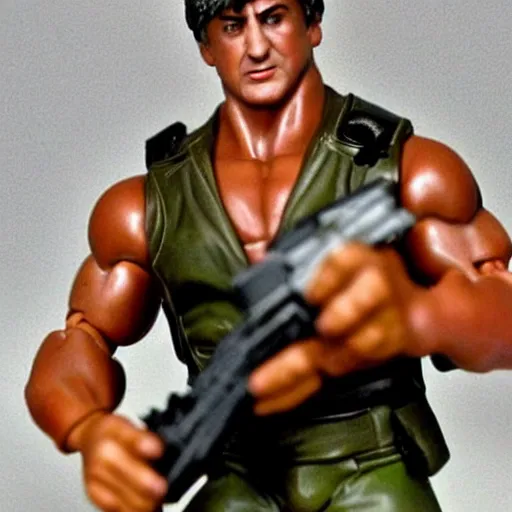 Image similar to an action figure of Stallone as Rambo. Big muscles. Holding a fully automatic rifle