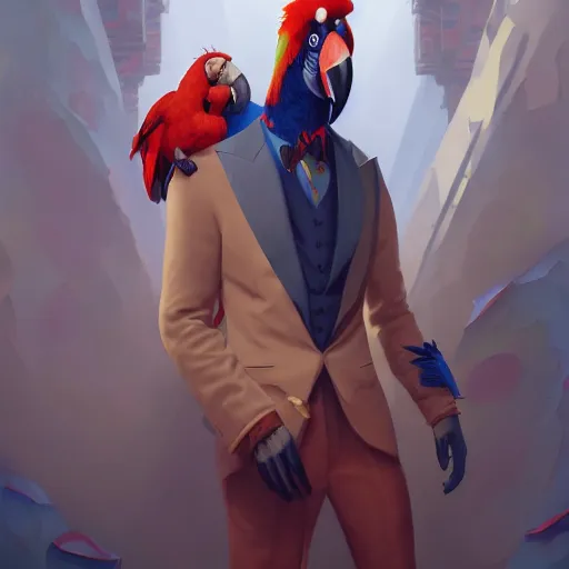 Image similar to anthropomorphic fashion vogue Macaw parrot man man wearing a parrot costume wearing a tuxedo ripped physique christopher lovell gerald brom bastien grivet greg rutkowski portrait