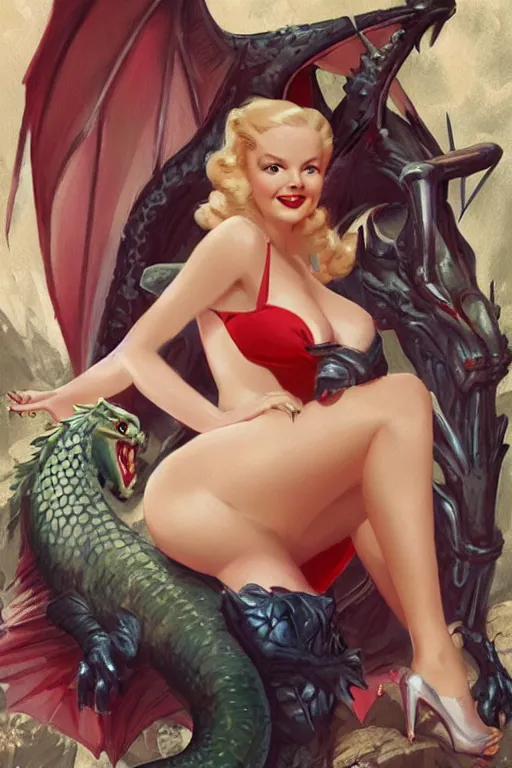 Image similar to portrait of 1 9 4 0 s blonde pinup girl holding a dragon, by greg rutkowski, rossdraws, gil elvgren, enoch bolles, porcelain skin, glistening, very coherent,