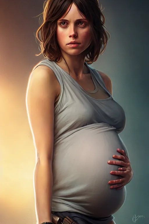 Prompt: pregnant jyn erso in a tank top, realistic portrait, symmetrical, highly detailed, digital painting, artstation, concept art, smooth, sharp focus, illustration, cinematic lighting, art by artgerm and greg rutkowski and alphonse mucha