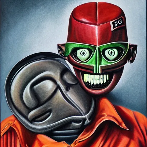 Image similar to beautiful lifelike painting of mf doom remembers his pot holders, hyperreal detailed facial features and uv lighting, art by ed roth and basil wolverton