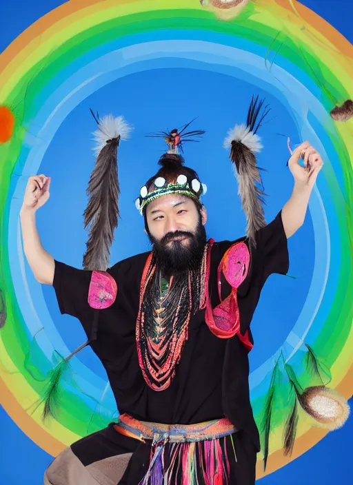 Prompt: japanese man with short hair and a beard wearing a native indian outfit, dancing next to a rainbow, full body portrait, dynamic lighting