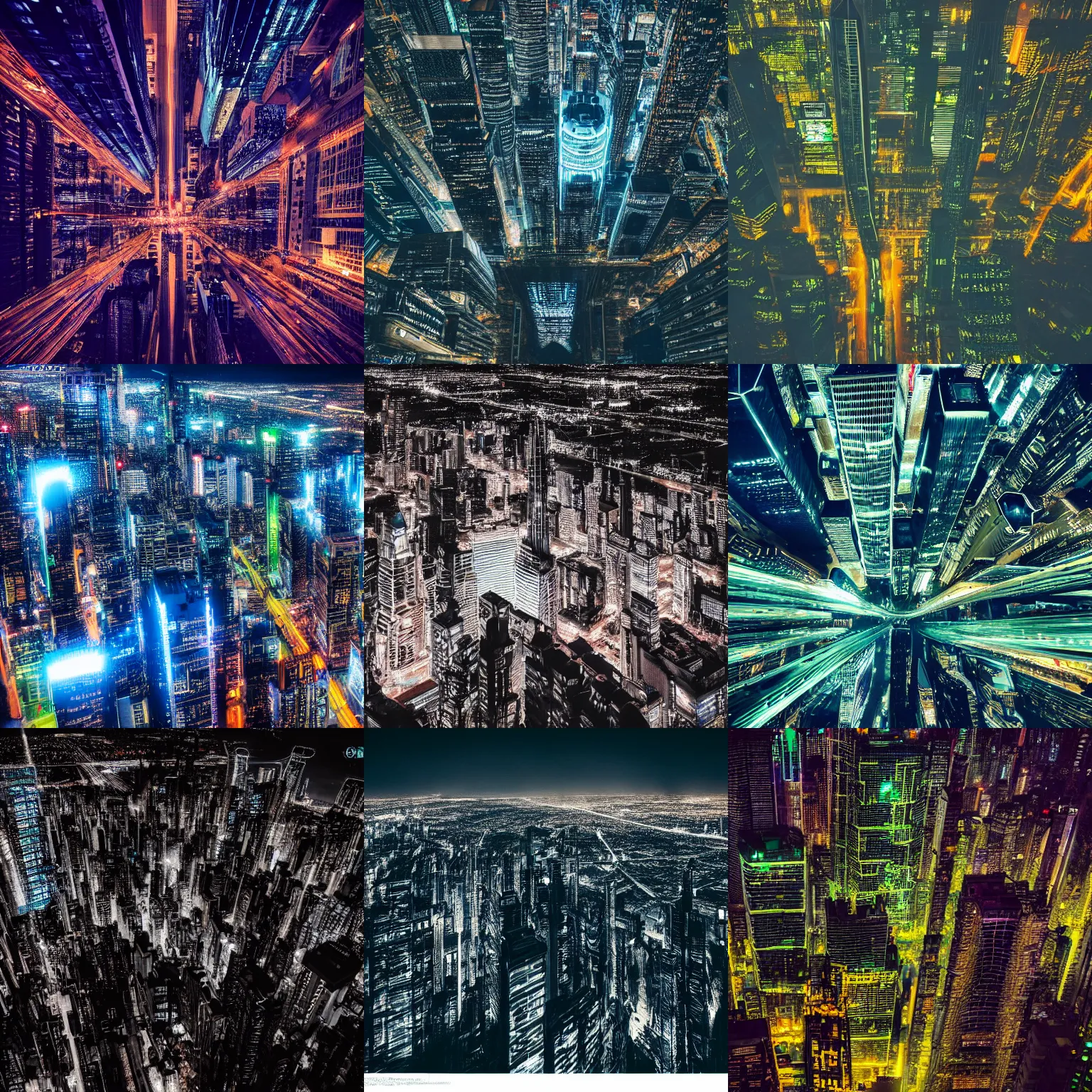 Prompt: a highly detailed photograph of a very large city filled with lots of tall buildings, aerial view top down, cyberpunk art by liam wong, flickr contest winner, futurism, nightscape, high dynamic range, cityscape