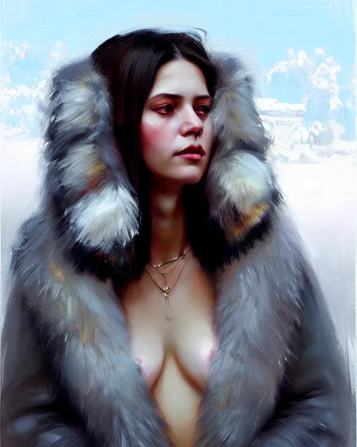 Image similar to a beautiful siberian girl with bear fur coat and decollete | | realistic shaded, unpleasant face, bad looking, fine details, realistic shaded lighting poster by greg rutkowski, magali villeneuve, artgerm, jeremy lipkin and michael garmash and rob rey