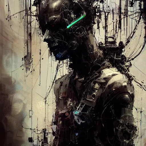 Image similar to cybernetic hunter, cyberpunk, wires, skulls, machines by emil melmoth zdzislaw belsinki craig mullins yoji shinkawa realistic render ominous detailed photo atmospheric by jeremy mann francis bacon and agnes cecile ink drips paint smears digital glitches glitchart