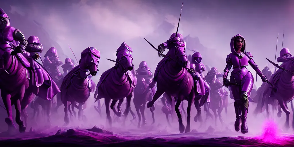 Image similar to painting of lady in purple leading an army of riding knights, hyper - realistic, unreal engine, octane render, digital art, trending on artstation, 8 k, detailed, atmospheric, immaculate