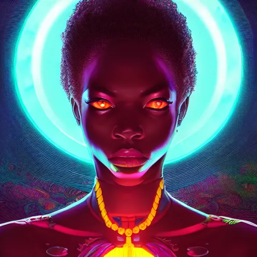 Image similar to african neon necromancer, science fiction, highly detailed, digital painting, beautiful eyes, symmetry, concept art, sharp focus, illustration, global illumination, radiant light, synthwave colors, detailed and intricate environment, art by artgerm and greg rutkowski and magali villeneuve and ilya kuvshinov!