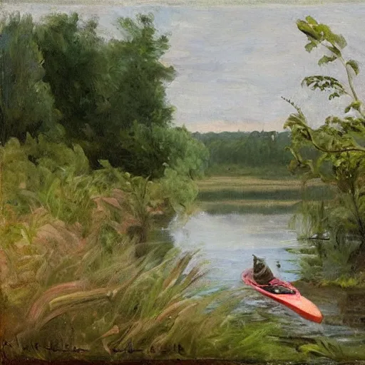 Prompt: a rabbit paddling a kayak on a small river, in the style of fanny brate