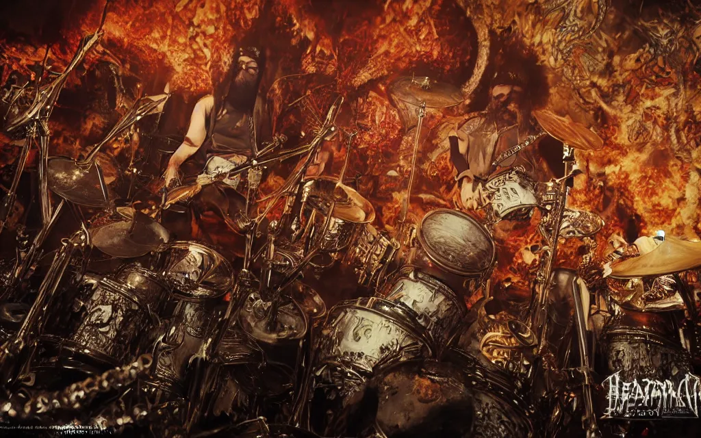 Image similar to khamenei playing drums in heavy metal band in hell hanged bodies in horizon, high definition, trending on artstation, unreal engine, photorealistic, high resolution,, trending on deviantart, hdr, hyper detailed, insane details, intricate, elite, ornate, elegant, luxury, dramatic lighting