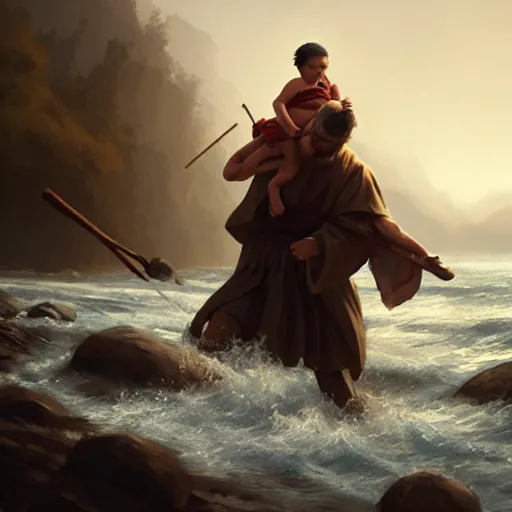 Prompt: st. christopher carrying baby jesus across a river on his shoulders, 4 k, concept art, by wlop, ilya kuvshinov, artgerm, krenz cushart, greg rutkowski, pixiv. cinematic dramatic atmosphere, sharp focus, volumetric lighting, cinematic lighting, studio quality