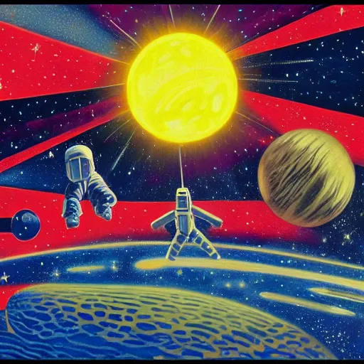 Image similar to rough texture, tempera, starburst background, astronauts and space colonies, utopian, by david a. hardy, wpa, public works mural, socialist, propaganda