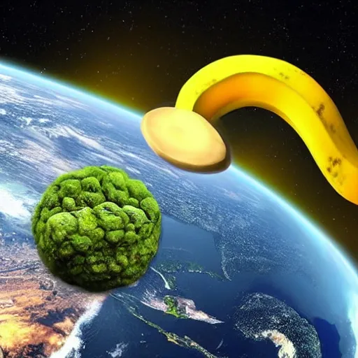 Image similar to an asteroid shaped as a banana destroying earth