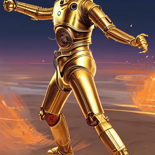 Image similar to c 3 po as vega street fighter, jump kick, 4 k, ultra realistic, detailed focused art by artgerm and greg rutkowski and alphonse mucha