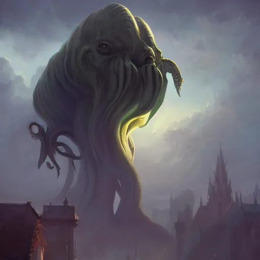 Image similar to gigantic cthulhu, size comparsion, small city, dramatic lighting, chiaroscuro, high detail, painted by greg rutkowski, painted by igor kieryluk, painted by bobby chiu, trending on artstation