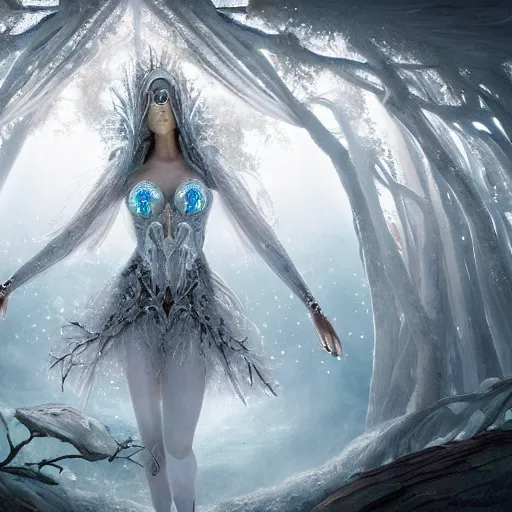 Image similar to under an white intricate like jewels epic forest suspended in the air upside down, a white pool with intricate epic circles of water within which float phantasmagoric female robots, dressed in intricate veils and jewels, epic environment, matte painting, diffused lighting, highly detailed, cinematic, epic atmosphere, digital art, trending on artstation, wide angle