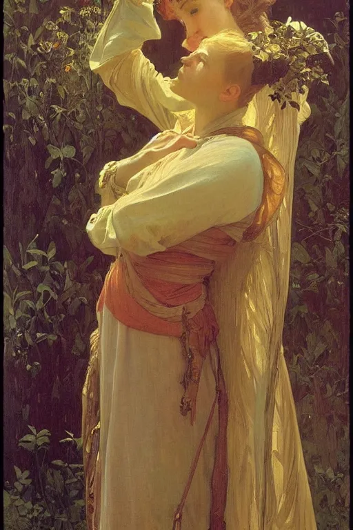 Image similar to Every catastrophe has shaped me into something new, Ilya repin, alphonse mucha, and Edmund Blair Leighton A meaningful painting in an symbolist style, oil on canvas, baroque, beautiful lighting, trending on Artstation, Highly detailed