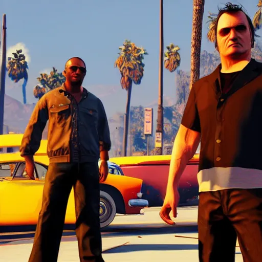 Image similar to extremely cool looking quentin tarantino in the game'gta v ', in the background an exploding car. unreal engine 4 render 4 k