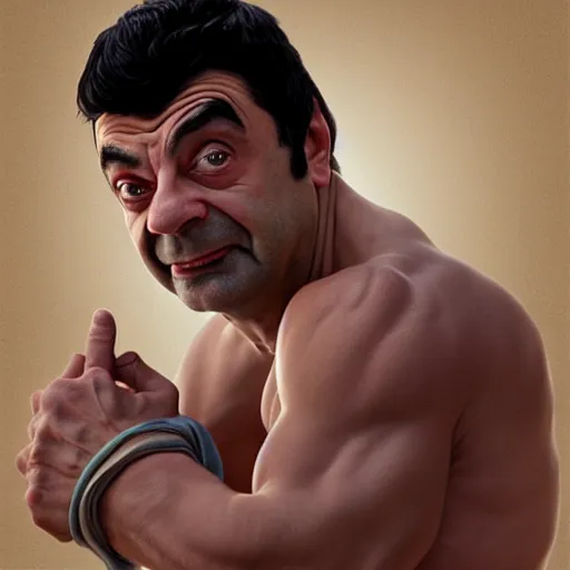 Image similar to upper body portrait of a hulking herculean chiseled mr bean rowan atkinson, cinematic lighting, photorealistic, octane render, 8 k, depth of field, 3 d, art by artgerm and greg rutkowski and alphonse mucha and uang guangjian and gil elvgren and sachin ten