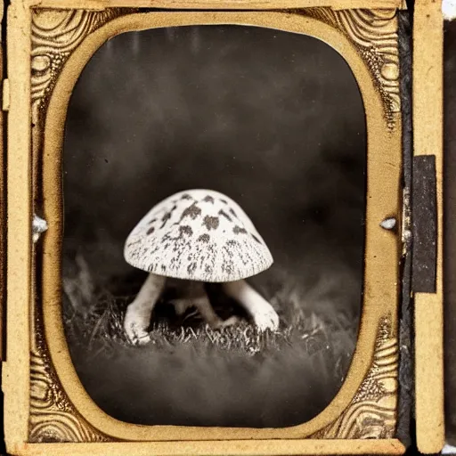 Prompt: tintype photo of frog mushroom