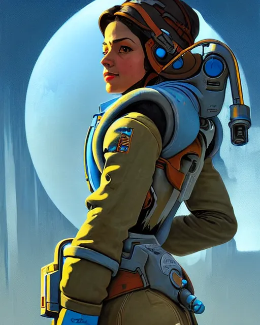 Image similar to ana from overwatch, character portrait, portrait, close up, concept art, intricate details, highly detailed, vintage sci - fi poster, in the style of chris foss, rodger dean, moebius, michael whelan, and gustave dore