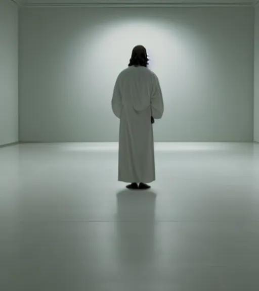 Image similar to Jesus in a white empty room, film still from the movie directed by Denis Villeneuve, wide lens, oil painting