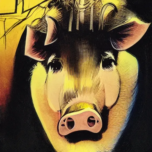 Prompt: uhd photorealistic picture, movie poster by bob peak and bill gold and ai hirschfeld about pig man save city, fine details, highly detailed, intricate, fine facial proportionate, fine body proportionate, smooth sharp focus