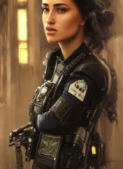 Image similar to Maria. beautiful cyberpunk policewoman wearing a military vest and military stealthsuit (cyberpunk 2077). gorgeous face. african woman. Iranian orientalist portrait by john william waterhouse and Edwin Longsden Long and Theodore Ralli and Nasreddine Dinet, oil on canvas. Cinematic, hyper realism, realistic proportions, dramatic lighting, high detail 4k