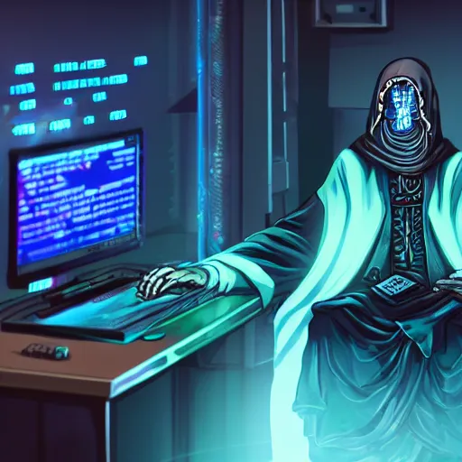 Image similar to a lich sitting in front of a computer writing code, phylactery in his other hand, cyberpunk style