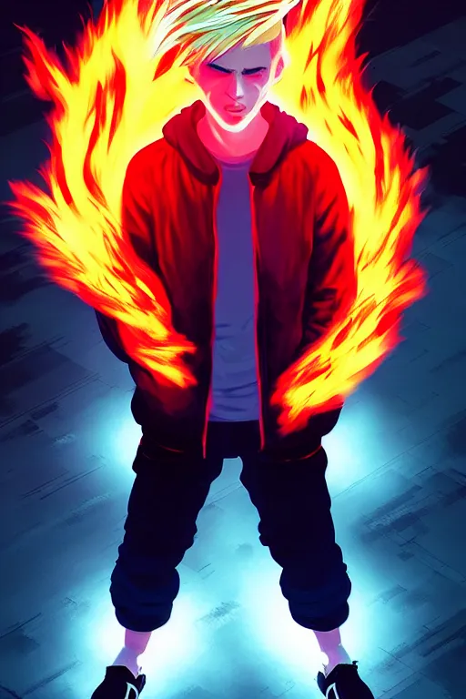 Prompt: character art by liam wong, young man, blonde hair, on fire, fire powers