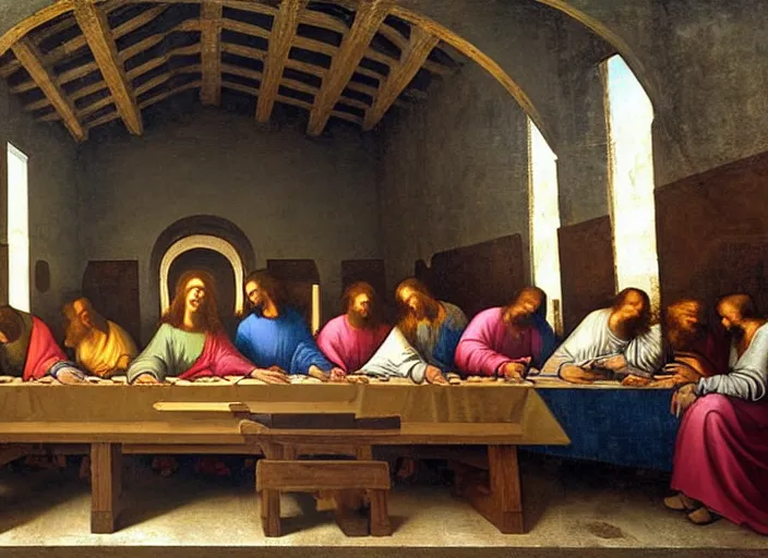 Prompt: Computer LAN party of the last supper painting by Leonardo Da Vinci, oil painting