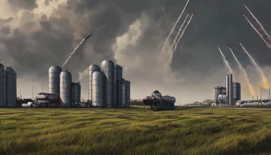 Image similar to farmer watching missiles takes off from silos built under meadows, cloudy day, hyperdetailed, artstation, cgsociety, 8 k