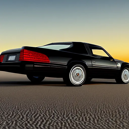 Image similar to a black 1990 Thunderbird super coupe driving on a desert highway viewed from the rear at sunset, photorealistic
