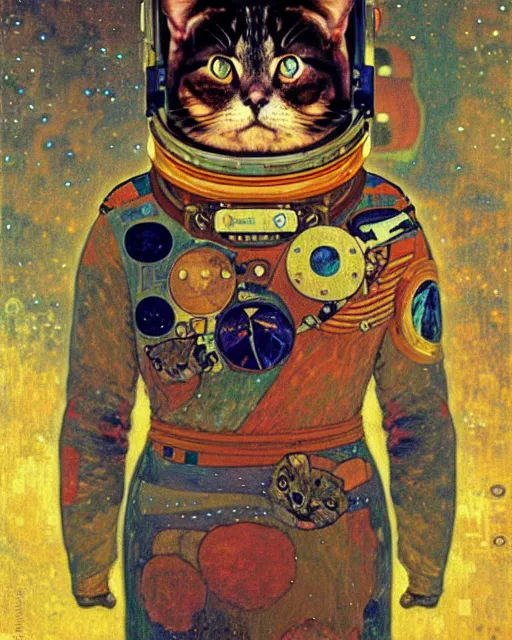 Image similar to cosmonaut cat portrait an oil painting splashes with many colors and shapes by gustav klimt greg rutkowski and alphonse mucha, polycount, generative art, psychedelic, fractalism, glitch art