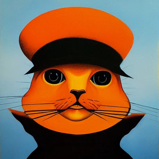Image similar to a painting of an orange cat looking profoundly into the eyes of the beholder, a gouache by rene magritte, flickr, vorticism, soviet propaganda, 1 9 7 0 s