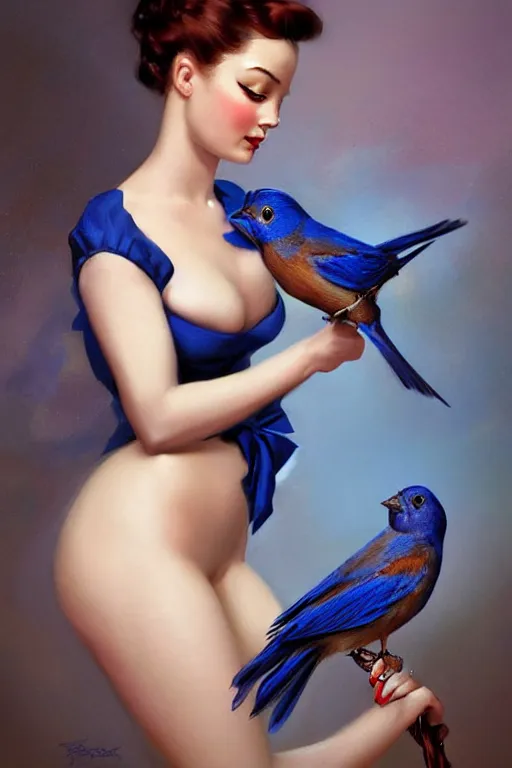 Image similar to hyper realistic painting, tasteful pinup girl holding an indigo bunting, bird, the bird is wearing a bowtie, by greg rutkowski, rossdraws, gil elvgren, enoch bolles, anime, porcelain glistening skin, very coherent