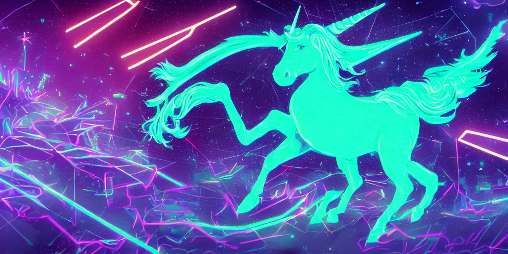 Prompt: first born unicorn, cyberwave, neon, cinematic,