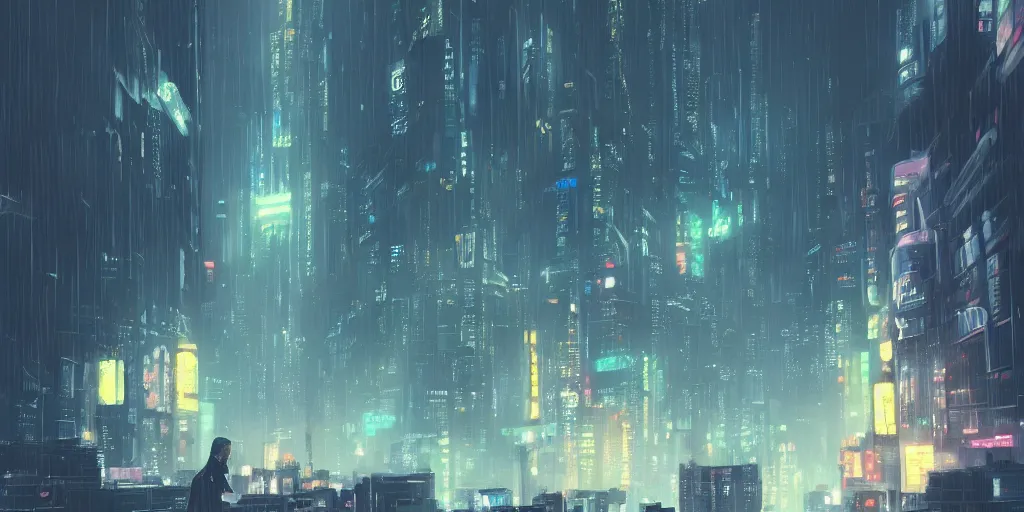 Prompt: bladerunner city, Makoto Shinkai, filmed, flying cars, raining, night, trending on ArtStation, oppressive lighting, trending on artstation, very detailed