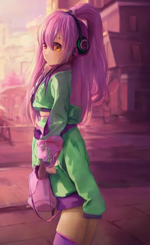 Image similar to anime girl with pink ponytail, wearing purple headphones, wearing a green sweater, with a smile on her face and her eyes closed, walking down a street, dynamic lighting, photorealistic fantasy concept art, trending on art station, very detailed, anime concept art, stunning visuals, creative, cinematic, ultra detailed