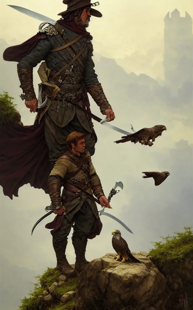 Image similar to rough middle age ranger with a falcon pet and a long sword, he is on top a cliff observing old ruins of a castle, elegant clothing, photorealistic render, matte patining, highly detailed, artstation, smooth, sharp focus, art by michael whelan, artgerm, greg rutkowski and alphonse mucha