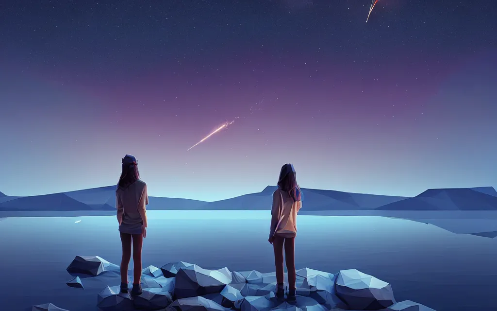 Image similar to girl staring at a meteorite hitting a calm lake at night by wlop, low poly art, ultra detailed color art, high detail, digital art