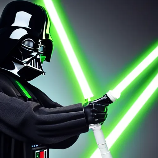 Prompt: A studio image of Darth Vader holding a green lightsaber, ray tracing, black background, 4k, hyper detailed, studio lighting, movie set,