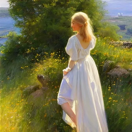 Image similar to blonde woman watching over the swedish countryside, archipelago, masterpiece, highly detailed, beautiful, atmospheric, impressionism, painting by Vladimir Volegov