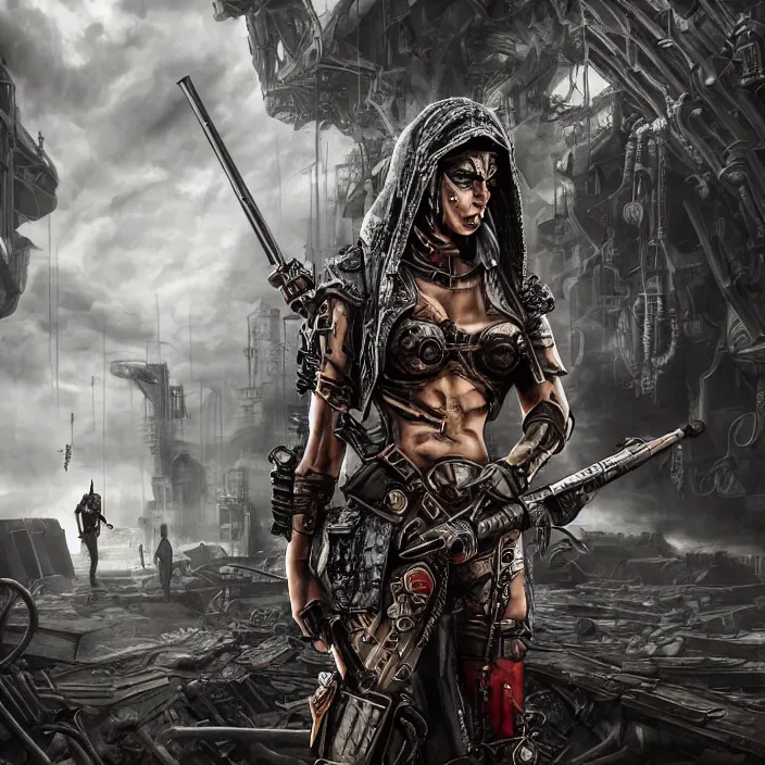 Image similar to apocalyptic woman in hood standing in hall of machinery and weaponry, hyper - detailed, smooth, sharp focus, 4 k ultra hd, fantasy dark art