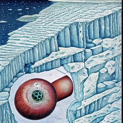 Image similar to codex seraphinianus of the flat earth model surrounded by a ice wall and firmament