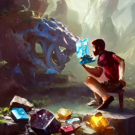 Prompt: Mimic eating gemstones on a treasure pile, oil painting by Greg Rutkowski