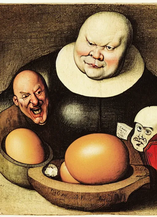 Image similar to carton of gregs'eggs with silly round humpty dumpty jack black facial expressions, realistic, by hieronymus bosch and pieter brueghel